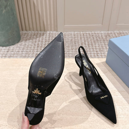 PRADA 26S POINTED-TOE SLINGBACK HEELS 75MM IN BLACK SUEDE WITH LOGO