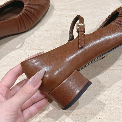 PRADA 26S MARY JANE 40MM IN CARAMEL BROWN CALFSKIN WITH LOGO