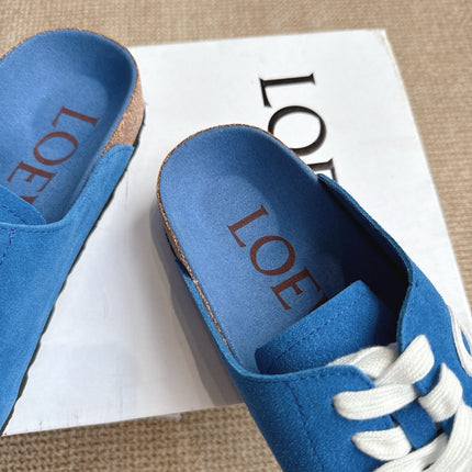 LOEWE 26S LACE-UP FLAT SLIDES IN BLUE SUEDE