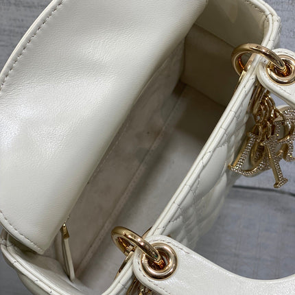 DIOR 25S MINI LADY DIOR BAG 17 IN IVORY CALFSKIN CHARM CRYSTAL EMBELLISHMENTS