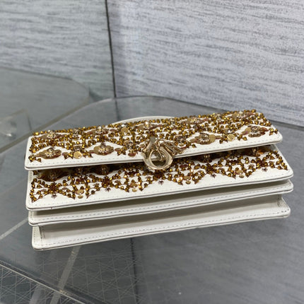 DIOR 26S MINI BAG 21 IN IVORY WHITE CALFSKIN FLORAL SEQUIN EMBROIDERED