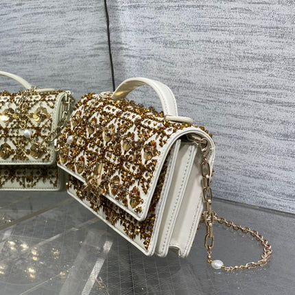 DIOR 26S MINI BAG 21 IN IVORY WHITE CALFSKIN FLORAL SEQUIN EMBROIDERED
