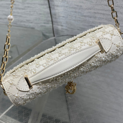 DIOR 26S MINI BAG 21 IN WHITE CALFSKIN ARTIFICIAL PEARL EMBELLISHED