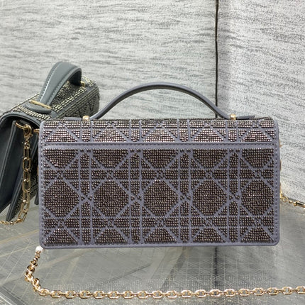 DIOR 26S MINI BAG 21 IN GRAY PURPLE CALFSKIN MICROBEAD EMBROIDERED WITH CANNAGE MOTIF