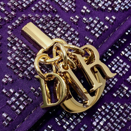 DIOR 26S MINI BAG 21 IN DARK PURPLE CALFSKIN MICROBEAD EMBROIDERED WITH CANNAGE MOTIF
