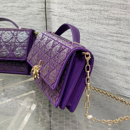 DIOR 26S MINI BAG 21 IN DARK PURPLE CALFSKIN MICROBEAD EMBROIDERED WITH CANNAGE MOTIF
