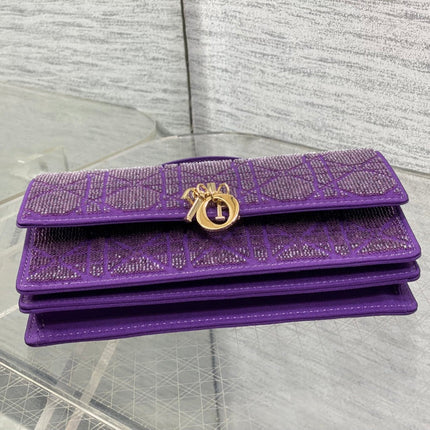 DIOR 26S MINI BAG 21 IN DARK PURPLE CALFSKIN MICROBEAD EMBROIDERED WITH CANNAGE MOTIF