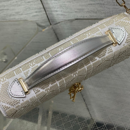 DIOR 26S MINI BAG 21 IN SILVER CALFSKIN MICROBEAD EMBROIDERED WITH CANNAGE MOTIF