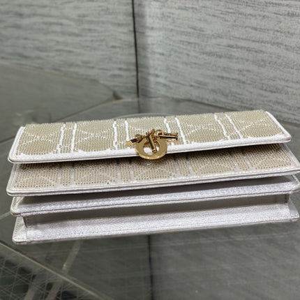 DIOR 26S MINI BAG 21 IN SILVER CALFSKIN MICROBEAD EMBROIDERED WITH CANNAGE MOTIF