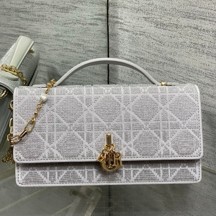 DIOR 26S MINI BAG 21 IN GRAY CALFSKIN MICROBEAD EMBROIDERED WITH CANNAGE MOTIF