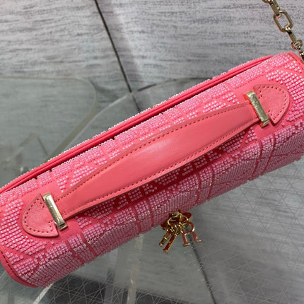 DIOR 26S MINI BAG 21 IN PINK CALFSKIN MICROBEAD EMBROIDERED WITH CANNAGE MOTIF