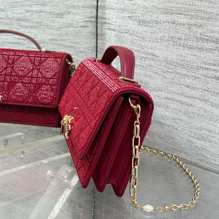 DIOR 26S MINI BAG 21 IN BURGUNDY RED CALFSKIN MICROBEAD EMBROIDERED WITH CANNAGE MOTIF