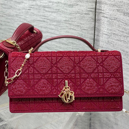 DIOR 26S MINI BAG 21 IN BURGUNDY RED CALFSKIN MICROBEAD EMBROIDERED WITH CANNAGE MOTIF