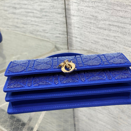 DIOR 26S MINI BAG 21 IN DARK BLUE CALFSKIN MICROBEAD EMBROIDERED WITH CANNAGE MOTIF
