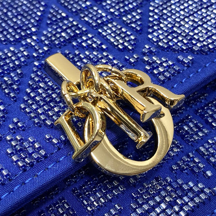 DIOR 26S MINI BAG 21 IN DARK BLUE CALFSKIN MICROBEAD EMBROIDERED WITH CANNAGE MOTIF