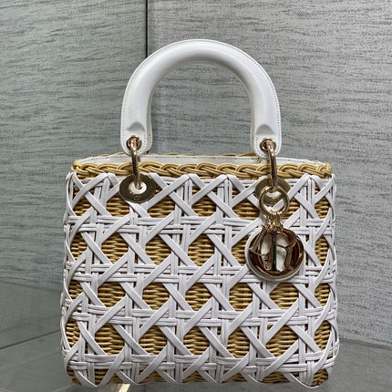 DIOR 26S LADY DIOR WICKER CANNAGE 24 IN WHITE CALFSKIN GOLD HARDWARE