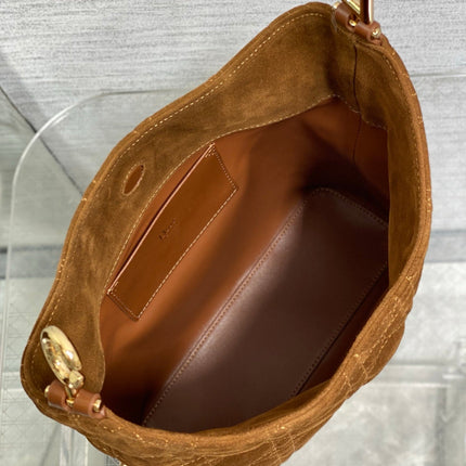 DIOR 26S SMALL DIOR TOUJOURS HOBO BAG 27 IN CARAMEL BROWN SUEDE GOLD HARDWARE