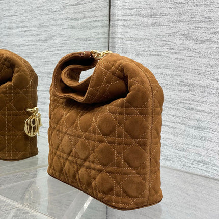 DIOR 26S SMALL DIOR TOUJOURS HOBO BAG 27 IN CARAMEL BROWN SUEDE GOLD HARDWARE