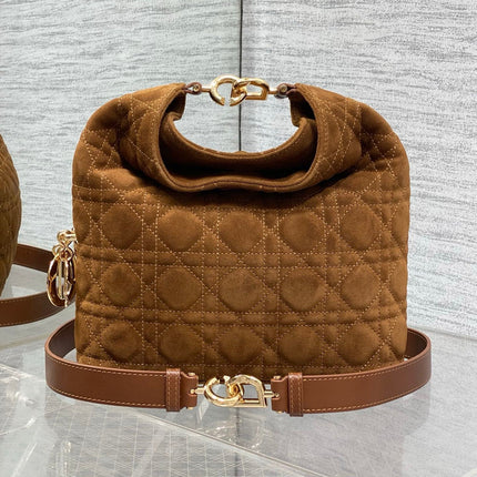 DIOR 26S SMALL DIOR TOUJOURS HOBO BAG 27 IN CARAMEL BROWN SUEDE GOLD HARDWARE