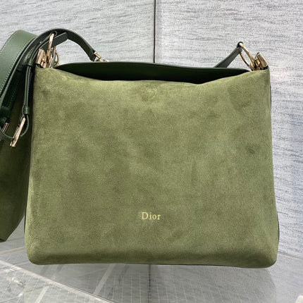 DIOR 26S MEDIUM DIORLY BAG 31 IN OLIVE GREEN SUEDE GOLD HARDWARE