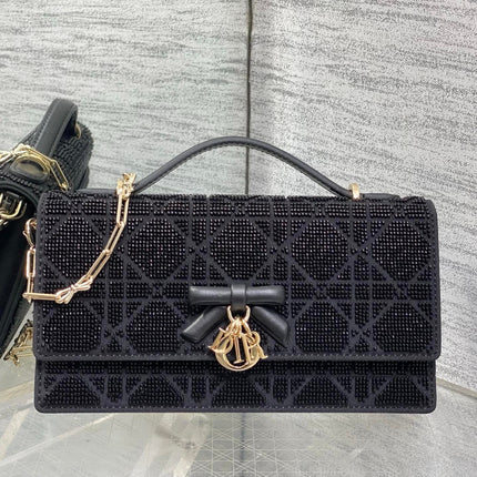 DIOR 26S MINI BAG 21 IN BLACK CALFSKIN MICROBEAD EMBROIDERED WITH BOW CANNAGE MOTIF