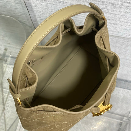 DIOR 26S BUCKET BAG 27 IN LIGHT OLIVE GREEN SUEDE GOLD HARDWARE