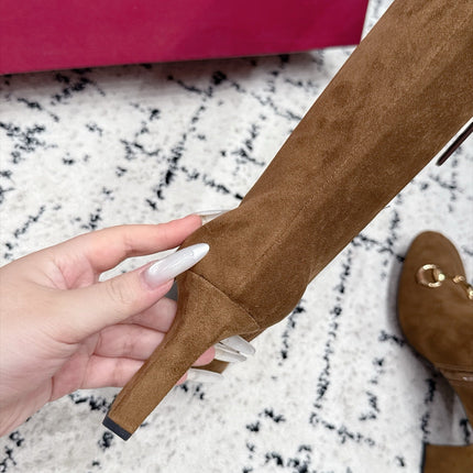 GUCCI 26S HORSEBIT KNEE-HIGH BOOTS 75 MM IN BROWN SUEDE