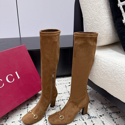 GUCCI 26S HORSEBIT KNEE-HIGH BOOTS 75 MM IN BROWN SUEDE