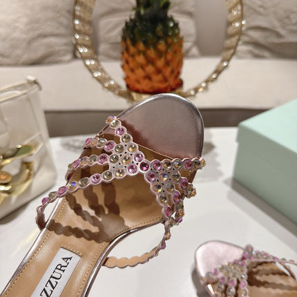 AQUAZZURA 26S HIGH-HEEL SANDALS 85 MM IN METALLIC PINK CALFSKIN