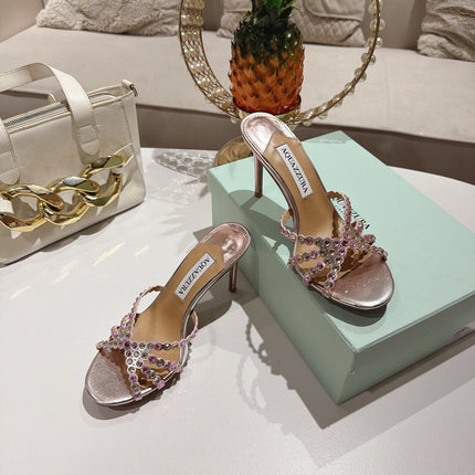 AQUAZZURA 26S HIGH-HEEL SANDALS 85 MM IN METALLIC PINK CALFSKIN