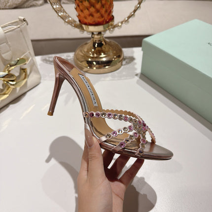 AQUAZZURA 26S HIGH-HEEL SANDALS 85 MM IN METALLIC PINK CALFSKIN