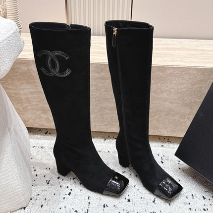 CHANEL 26S KNEE HIGH BOOTS 70 MM IN BLACK SUEDE AND PATENT