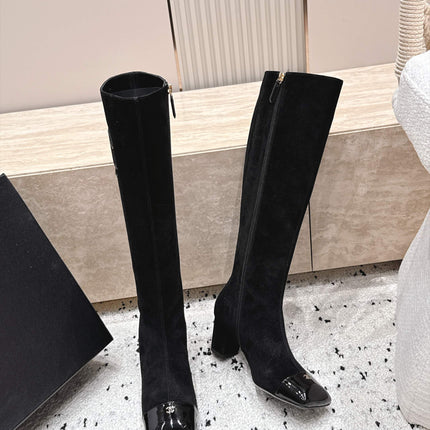 CHANEL 26S KNEE HIGH BOOTS 70 MM IN BLACK SUEDE AND PATENT