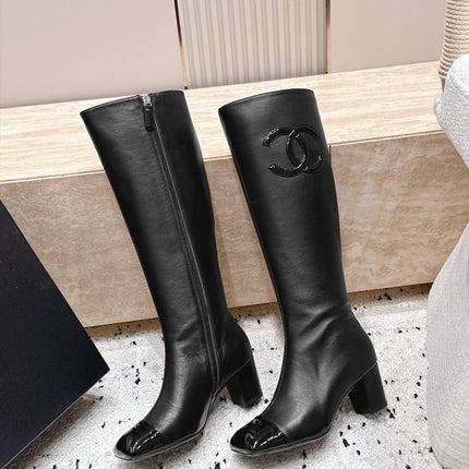 CHANEL 26S KNEE HIGH BOOTS 70 MM IN BLACK CALFSKN AND PATENT
