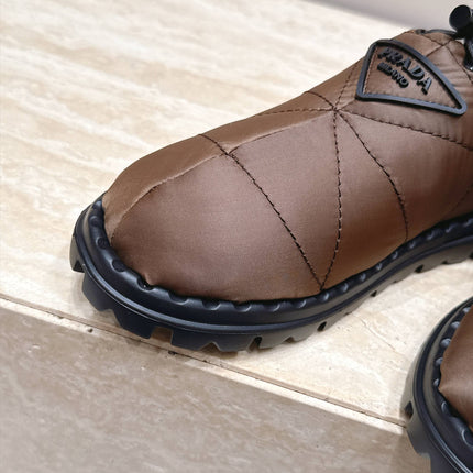 PRADA 26S QUILTED DRAWCORD MULE SHOES 30MM IN DARK BROWN NYLON