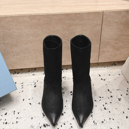 PRADA 26S POINTED TOE MID CALF BOOTS 30MM IN BLACK GRAINED CALFSKIN