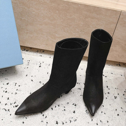 PRADA 26S POINTED TOE MID CALF BOOTS 30MM IN BLACK GRAINED CALFSKIN