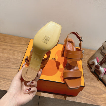 HM 26S GIGI 85 SANDAL IN CARAMEL BROWN CALFSKIN SILVER HARDWARE
