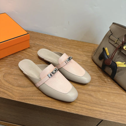 HM 26S OZ MULE IN BEIGE CALFSKIN & LIGHT PINK LIZARD SILVER HARDWARE