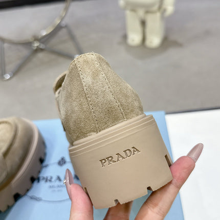 PRADA 25S THICK-SOLE LOAFERS 60 MM IN BEIGE SUEDE WITH GOLD HARDWARE