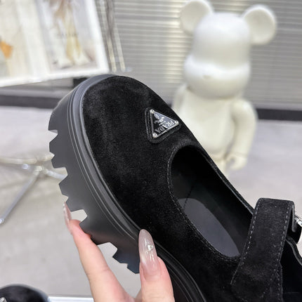 PRADA 25S PLATFORM MARY JANE SHOES IN BLACK SUEDE STYLE 2