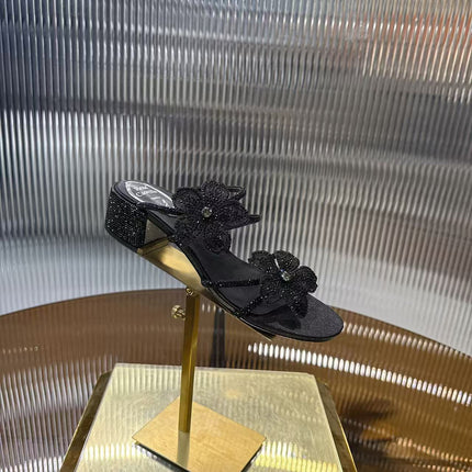 RENE CAOVILLA 26S FLOWER EMBELLISHED HEELS 45 MM IN BLACK LAMBSKIN