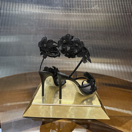 RENE CAOVILLA 26S FLORIANE HIGH HEELS 95 MM IN BLACK LAMBSKIN FLOWER EMBELLISHED STRAP