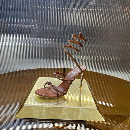 RENE CAOVILLA 26S CRYSTAL WRAP HEELS 95 MM IN BROWN LAMBSKIN