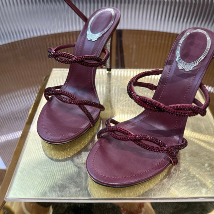 RENE CAOVILLA 26S CRYSTAL WRAP HEELS 95 MM IN DARK RED LAMBSKIN