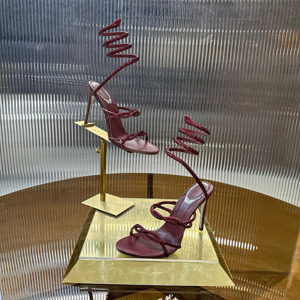 RENE CAOVILLA 26S CRYSTAL WRAP HEELS 95 MM IN DARK RED LAMBSKIN