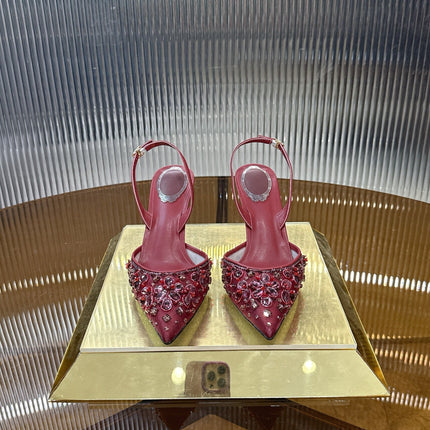 RENE CAOVILLA 26S SLINGBACK HIGH HEELS 75 MM IN DARK RED CRYSTAL EMBELLISHED