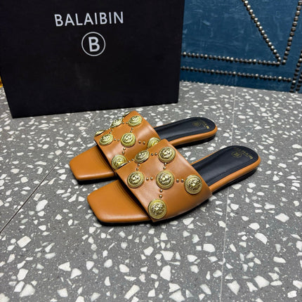 BALMAIN 26S SLIPPERS IN BROWN CALFSKIN WITH GOLD HARDWARE