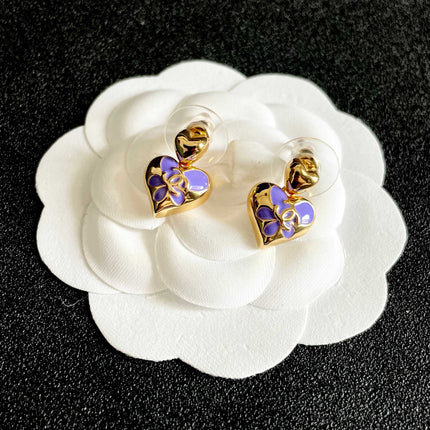 CHANEL 26S DOUBLE C HEART DROP EARRINGS WITH PURPLE ENAMEL FLORAL DETAIL IN GOLD METAL 631911