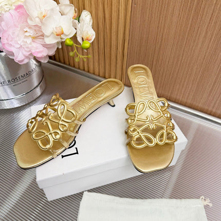 LOEWE 26S PETAL ANAGRAM KITTEN HEEL SANDALS 45MM IN GOLD SOFT CALFSKIN